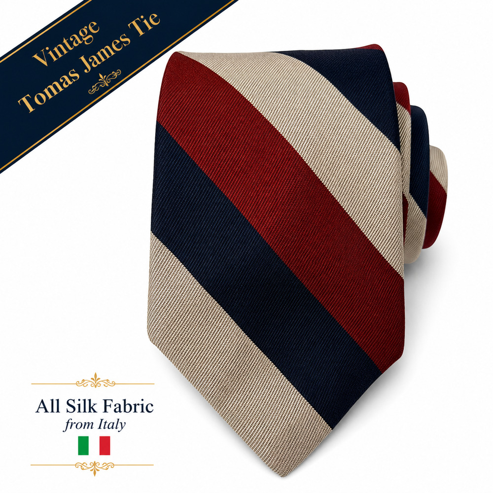 Vintage Tom James Silk Tie Regimental Stripe Red Blue Tan Italian Fabric USA